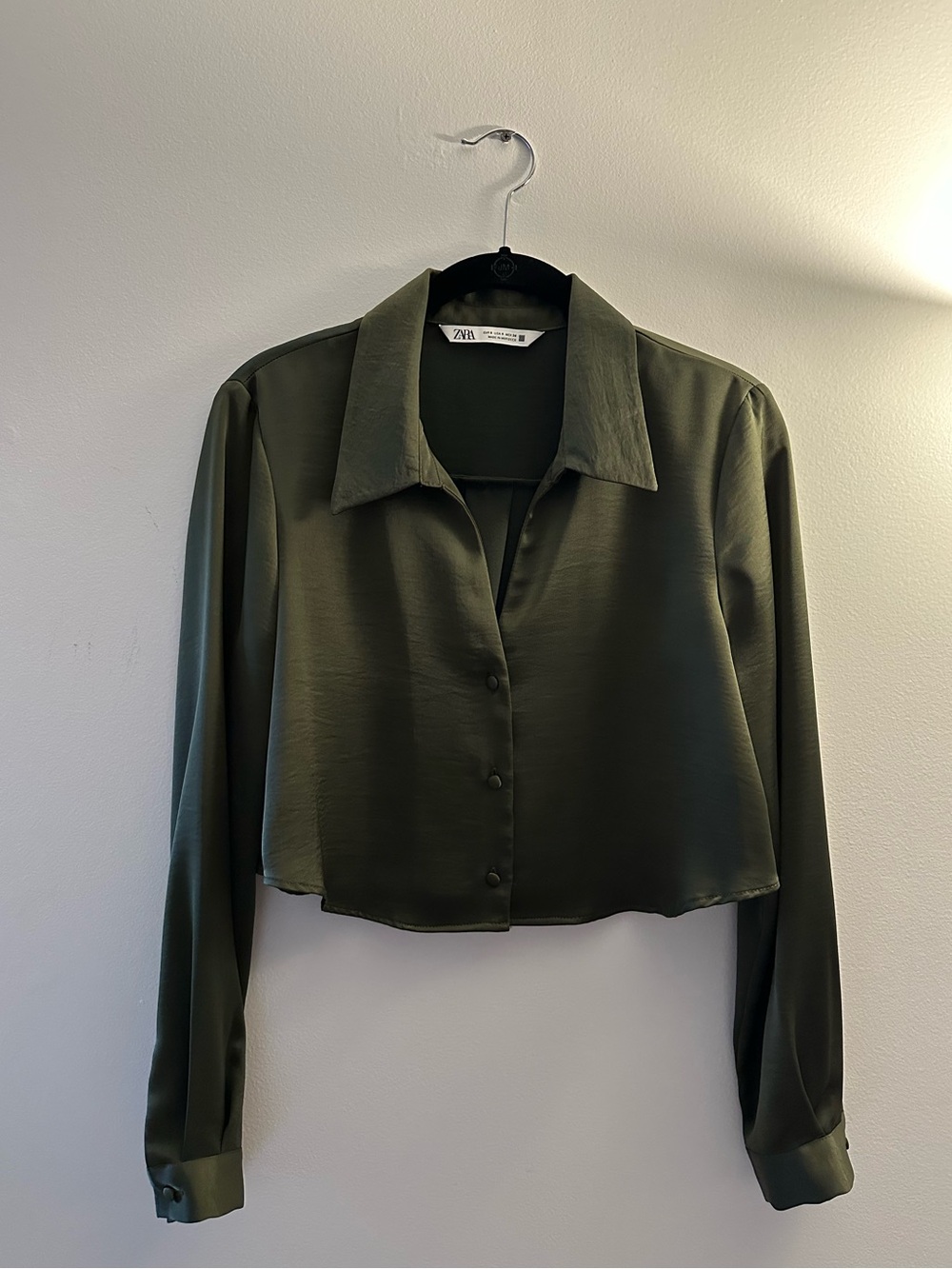 Zara Olive Green Cropped Button-Down Blouse